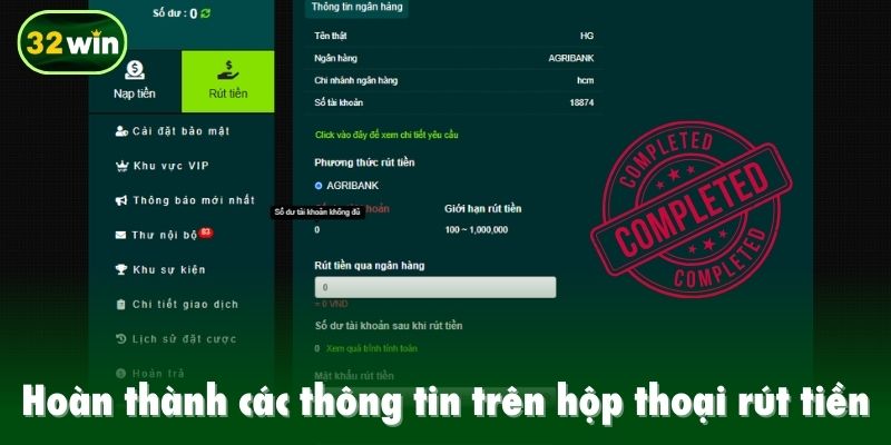 Hoàn thành các thông tin trên hộp thoại rút tiền